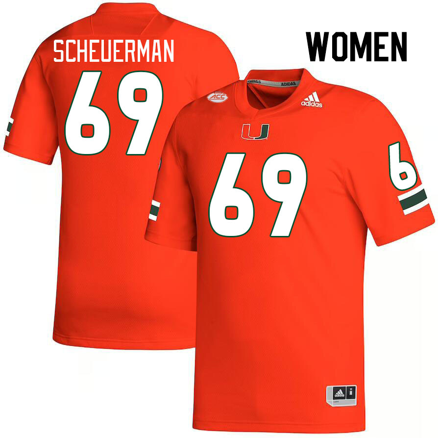 Women #69 Trent Scheuerman Miami Hurricanes College Football Jerseys Stitched-Orange - Click Image to Close